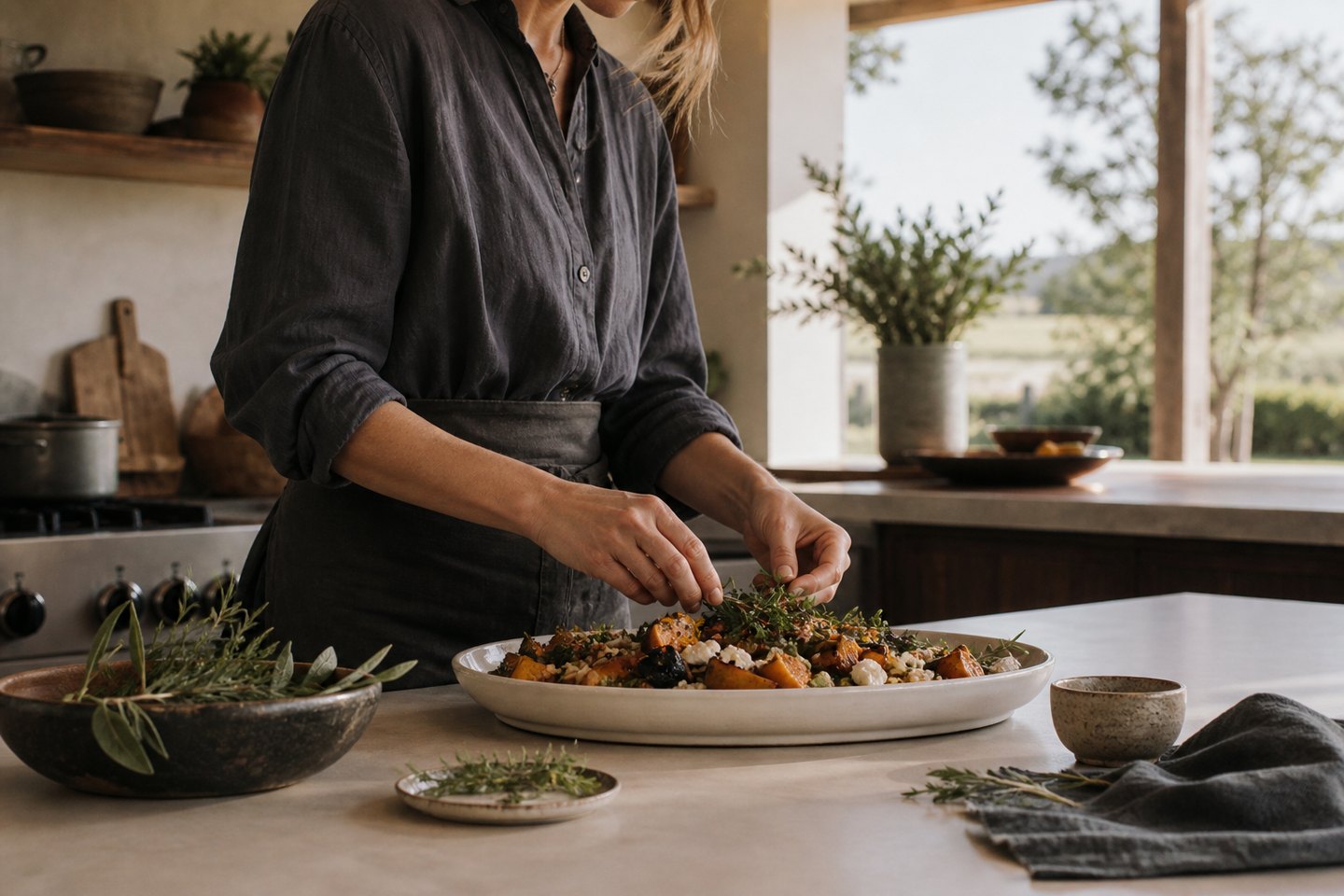 A cook finishing a roasted pumpkin and grain platter in a sunlit kitchen